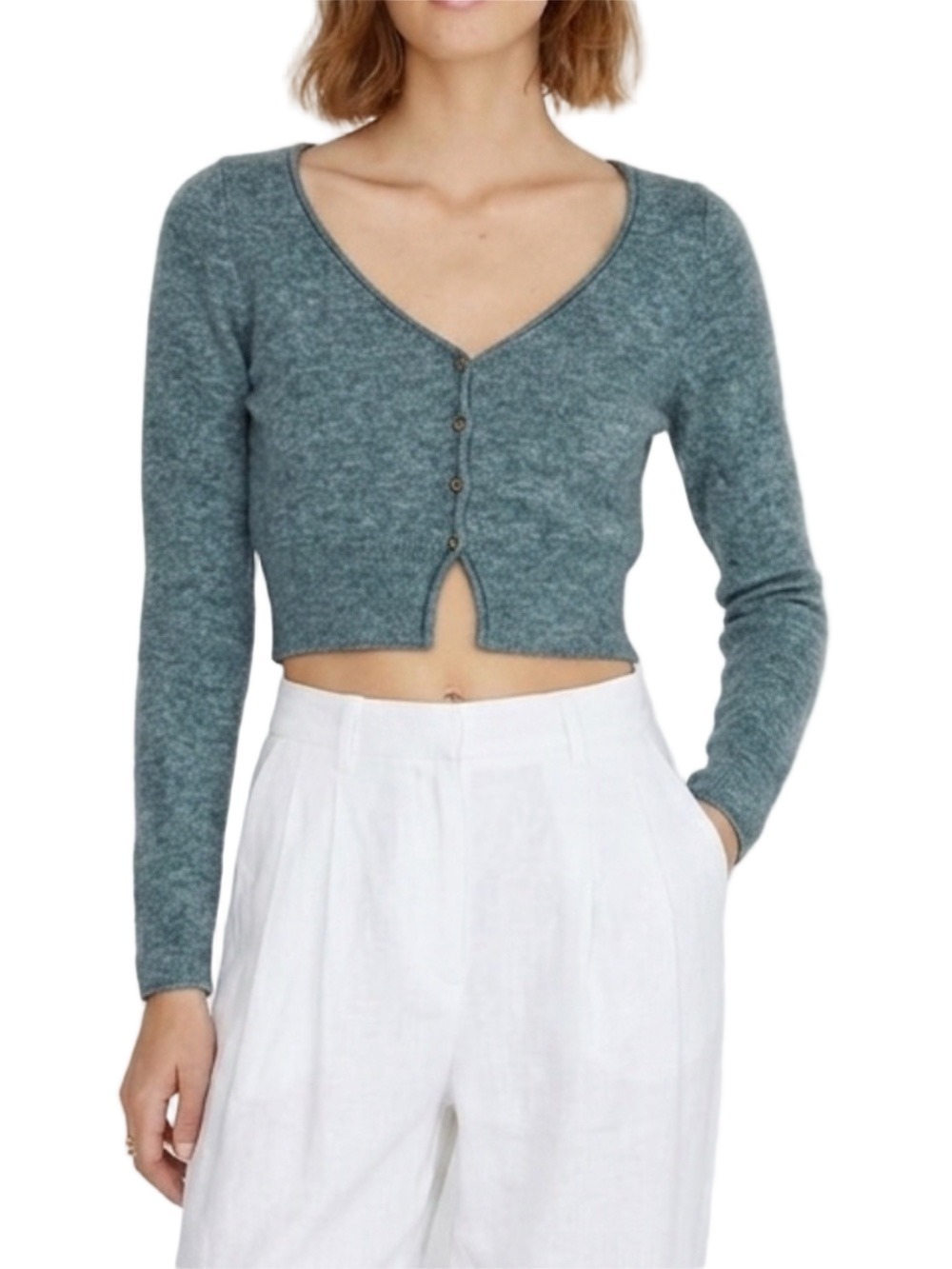 Aritzia Wilfred Santorini wool cashmere cropped teal cardigan sweater S